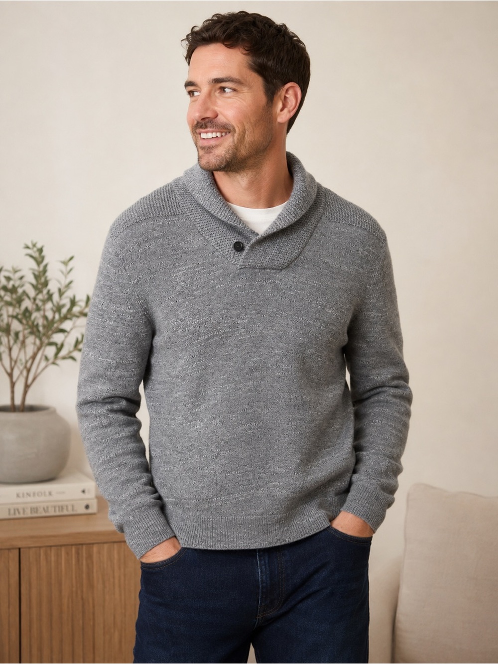 Banana Republic Shawl Collar Knit Sweater Single Button Men L Gray